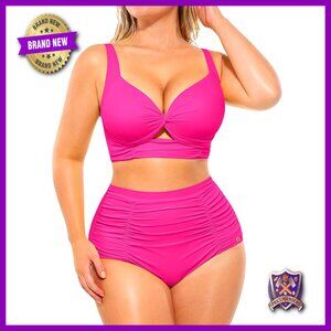 High Waisted Tummy Control Bikini Set Ruching Twist Front UPF 30